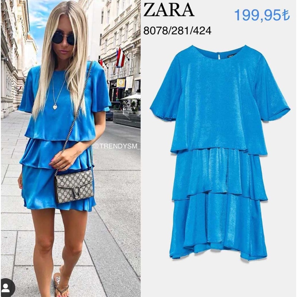 Zara RUFFLED SATIN EFFECT MINI DRESS BLUE SIZE XS NEW